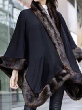 Fabulous Furs Black Cape with Dark Brown Faux Fur Trim